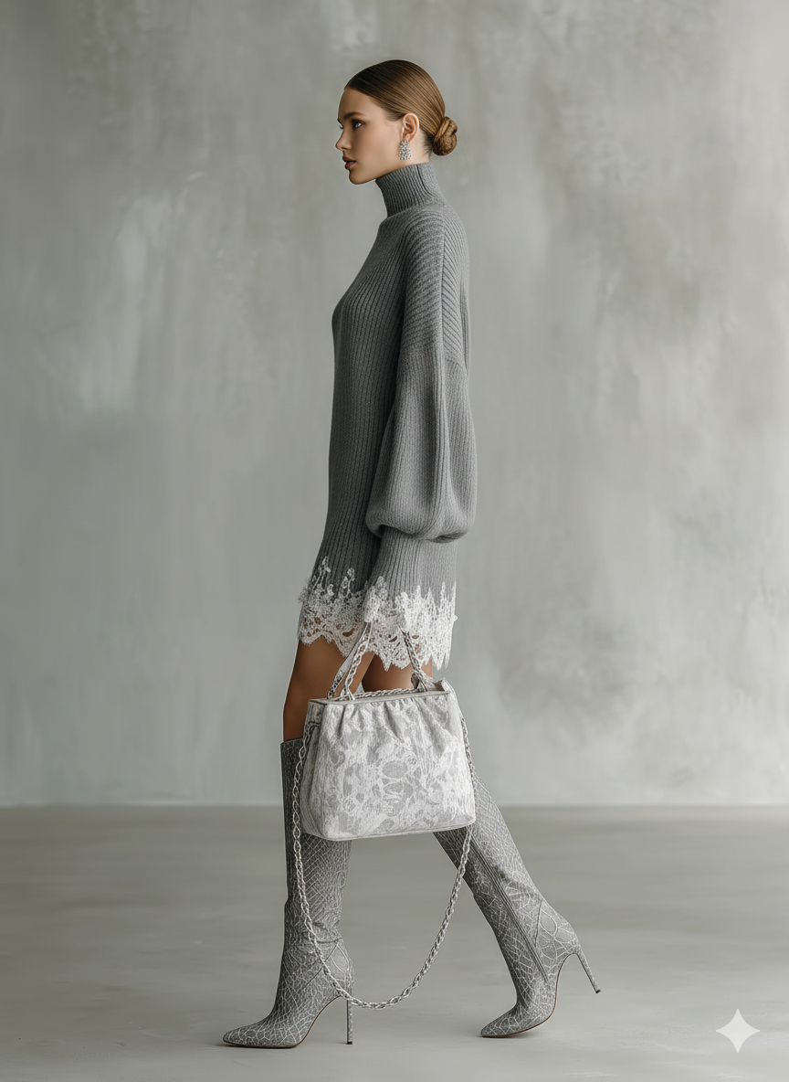 Grey Knit White Lace Turtleneck Mini Dress