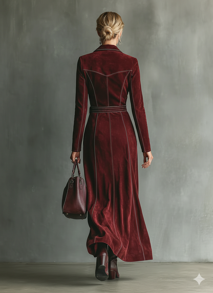 Burgundy Retro Faux Suede Colour-Contrast Maxi Dress