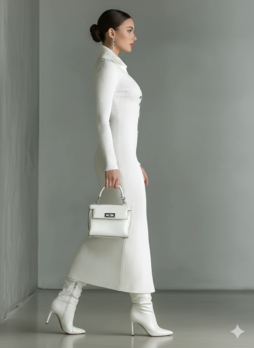 White Knitted Polo Neck Slim Midi Dress
