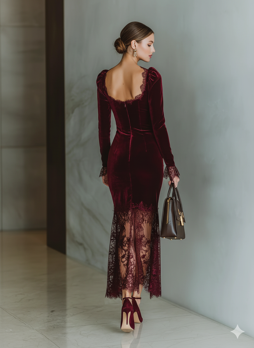 Burgundy Velvet Lace Fitted Maxi Dress