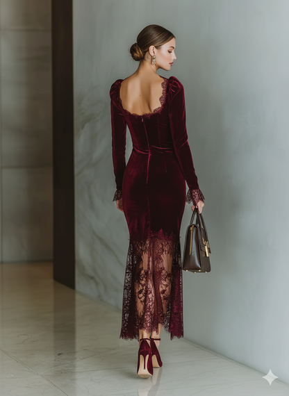 Burgundy Velvet Lace Fitted Maxi Dress