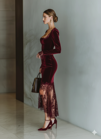 Burgundy Velvet Lace Fitted Maxi Dress