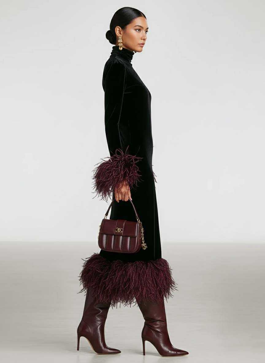Velvet Patchwork Feather Cuff & Hem Maxi Dress