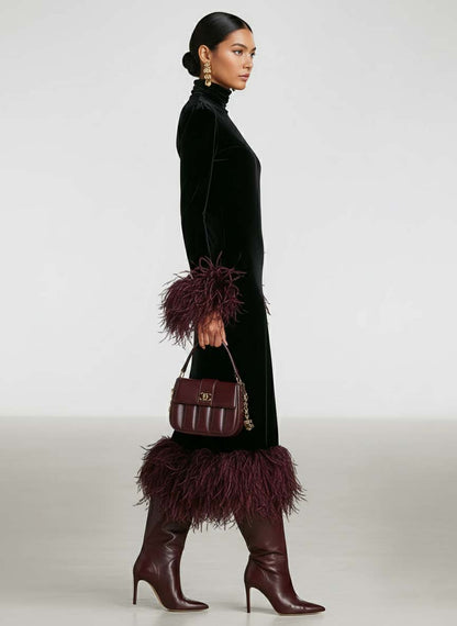 Velvet Patchwork Feather Cuff & Hem Maxi Dress