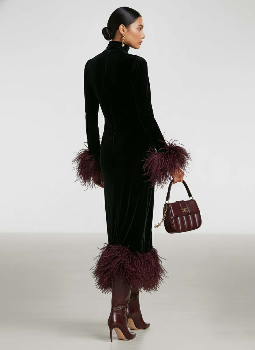 Velvet Patchwork Feather Cuff & Hem Maxi Dress