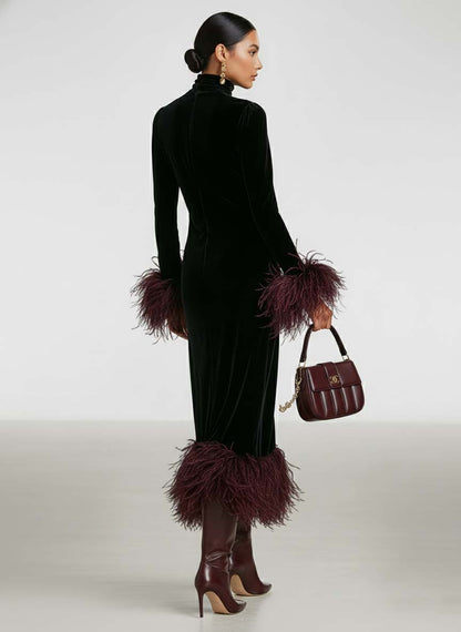 Velvet Patchwork Feather Cuff & Hem Maxi Dress