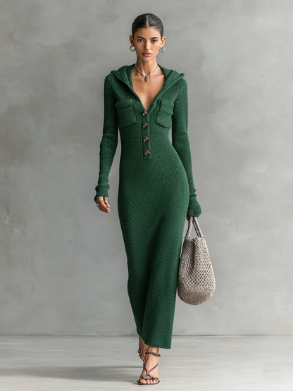 Slim Fit Hooded Knit Maxi Dress