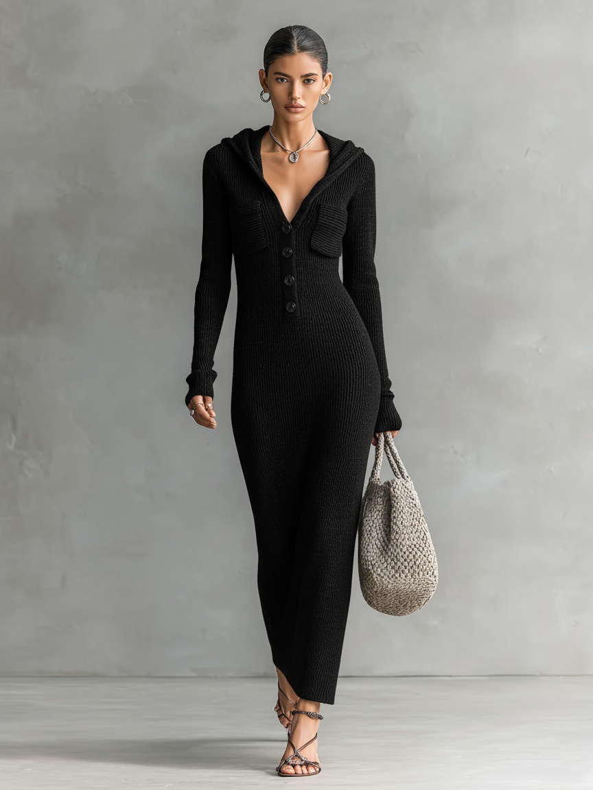 Slim Fit Hooded Knit Maxi Dress