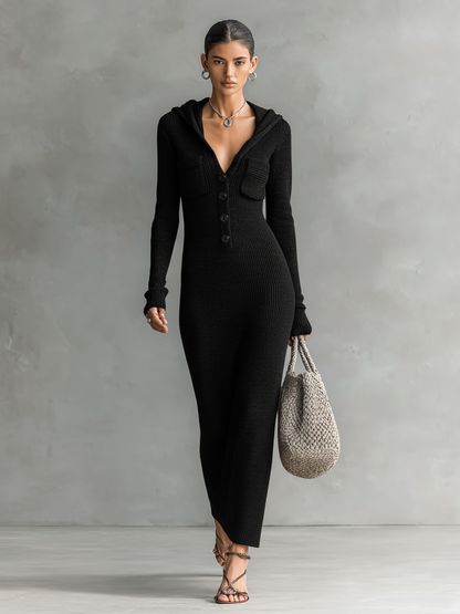 Slim Fit Hooded Knit Maxi Dress