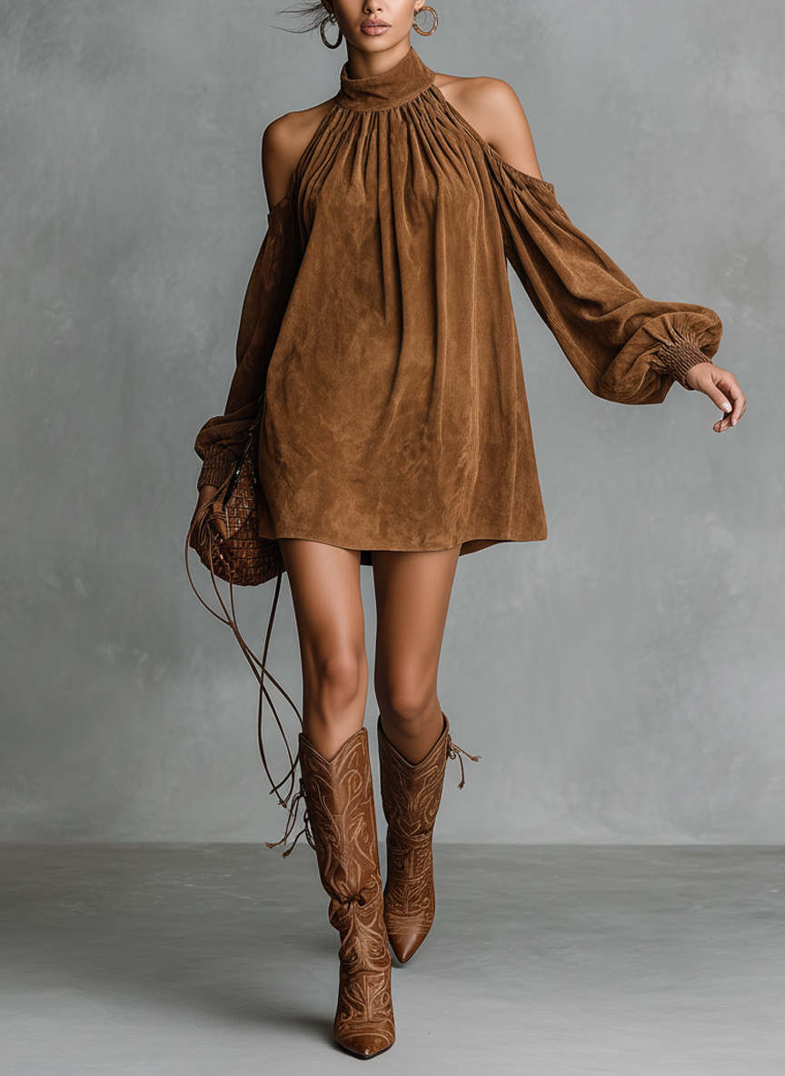 Faux Suede Halter Neck Lantern Sleeve Mini Dress
