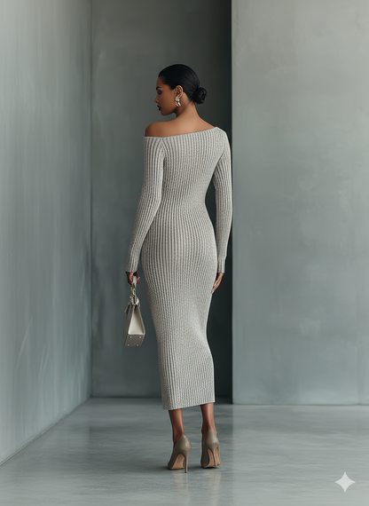 Gray One-Shoulder Knitted Dress