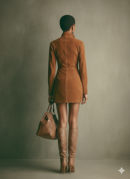 Faux Suede Stand Collar Zipper Mini Dress