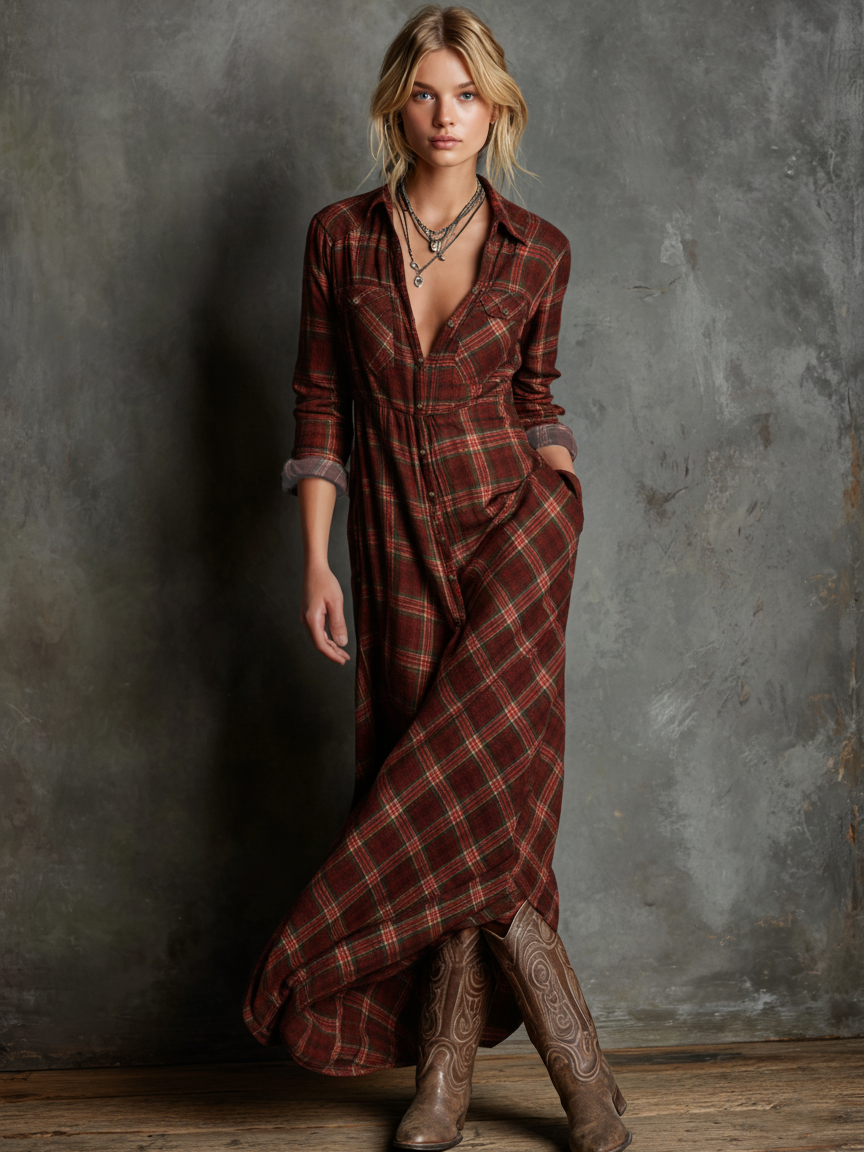 Plaid Lapel Single-Breasted Shirt Maxi Dress