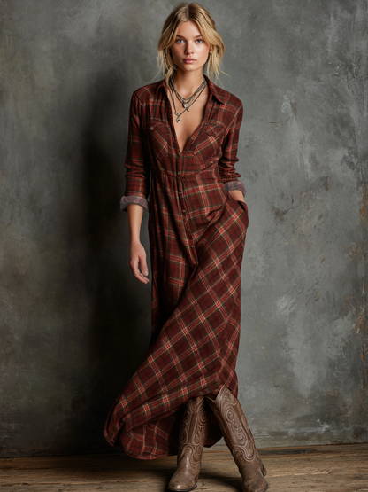 Plaid Lapel Single-Breasted Shirt Maxi Dress