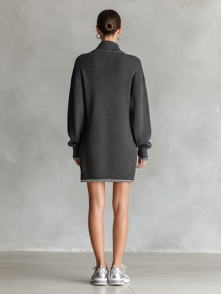Loose Knit White Trim Zipper Polo Neck Mini Dress