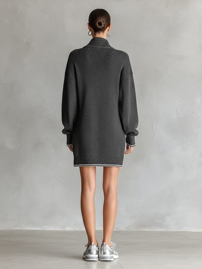 Loose Knit White Trim Zipper Polo Neck Mini Dress