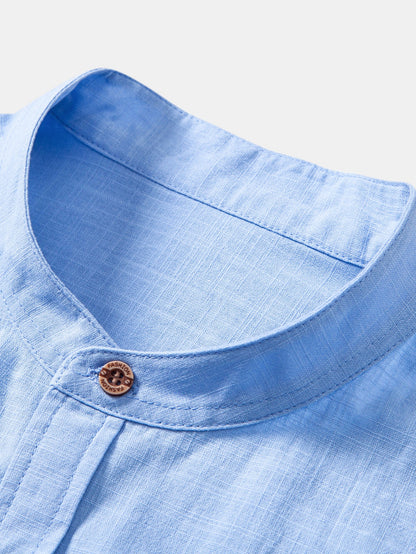 Short Sleeve Linen Look Stand Collar Shirt & Slim Fit Tapered Trousers