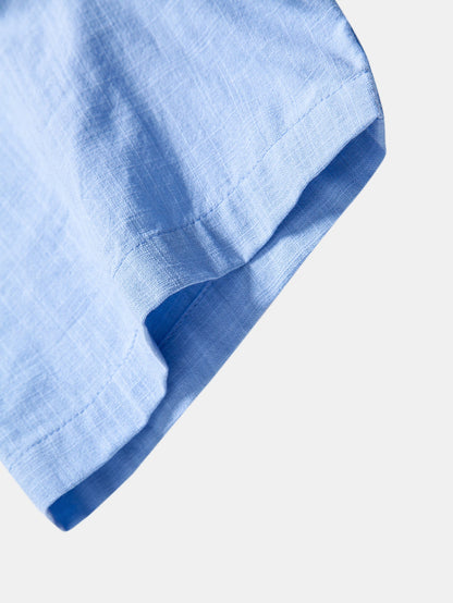 Short Sleeve Linen Look Stand Collar Shirt & Slim Fit Tapered Trousers