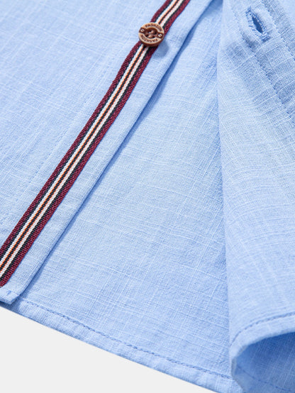 Short Sleeve Linen Look Stand Collar Shirt & Crinkle Textured Drawstring 5" Shorts