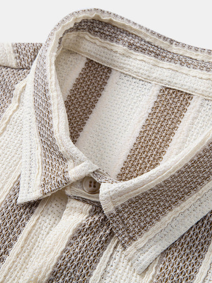 Textured Striped Button Up Shirt & Crinkle Textured Drawstring 5" Shorts
