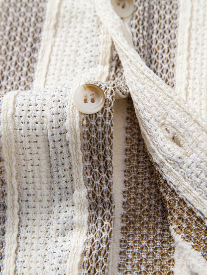 Textured Striped Button Up Shirt & Crinkle Textured Drawstring 5" Shorts