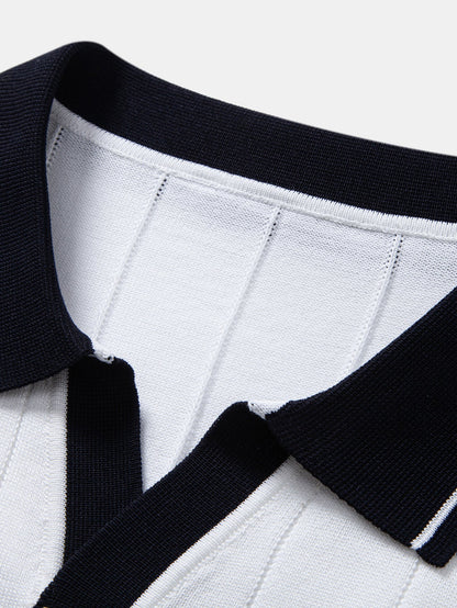 Contrast Trim Ribbed Johnny Collar Knit Polo & Elastic Waist Chino Shorts