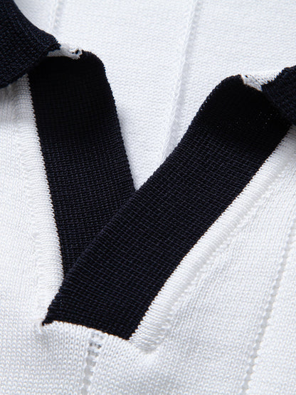Contrast Trim Ribbed Johnny Collar Knit Polo & Elastic Waist Chino Shorts