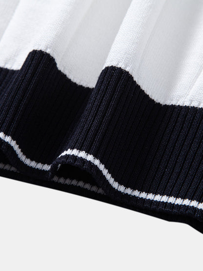 Contrast Trim Ribbed Johnny Collar Knit Polo & Elastic Waist Chino Shorts