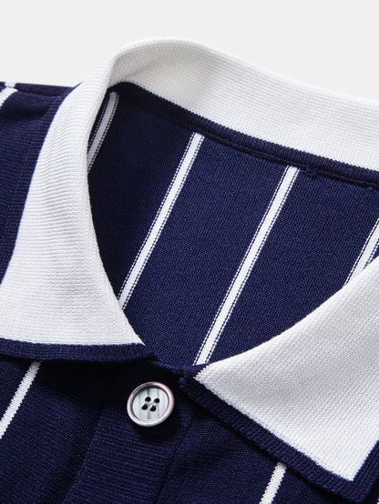 Stripe Button Up Knit Shirt & Straight Leg Ribbed Pants