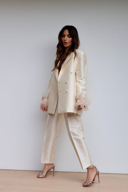 Oversized Pearl Blazer with Feather Trim 🤍✨