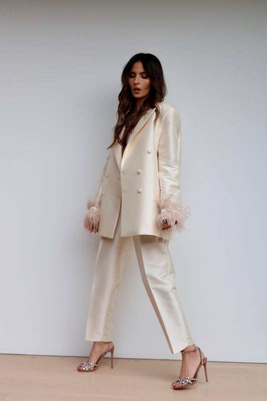 Oversized Pearl Blazer with Feather Trim 🤍✨