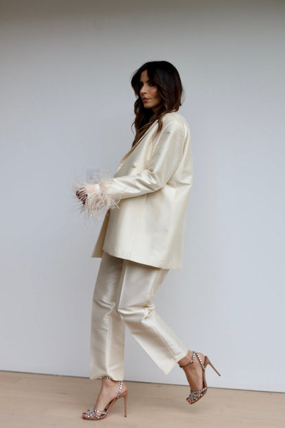 Oversized Pearl Blazer with Feather Trim 🤍✨