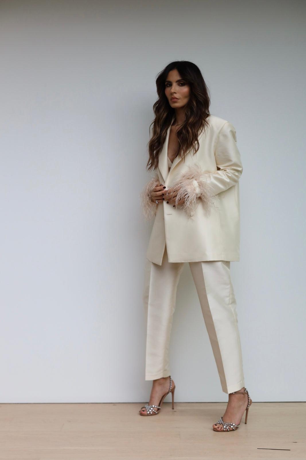 Oversized Pearl Blazer with Feather Trim 🤍✨