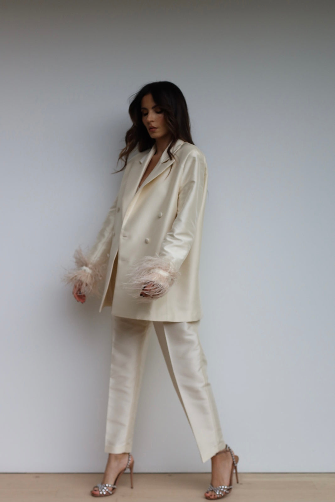 Oversized Pearl Blazer with Feather Trim 🤍✨