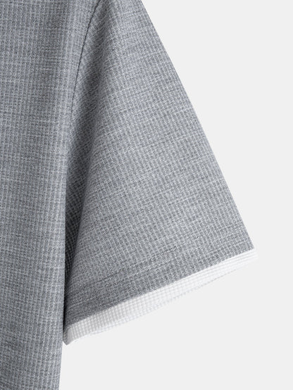 Contrast Button-Placket Waffle Hooded T-Shirt