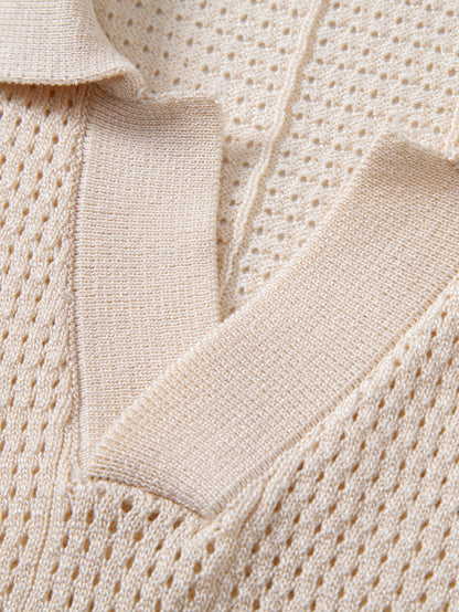 Contrast Johnny Collar Open Knit Polo