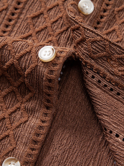 Geometry Rhombus Jacquard Button Up Shirt & Crinkle Textured Drawstring 5" Shorts