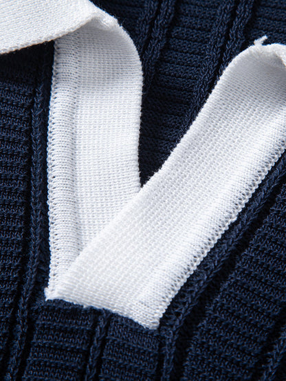 Contrast Textured Johnny Collar Knit Polo & Drawstring Knitted Waffle Pants