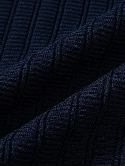 Contrast Textured Johnny Collar Knit Polo & Drawstring Knitted Waffle Pants