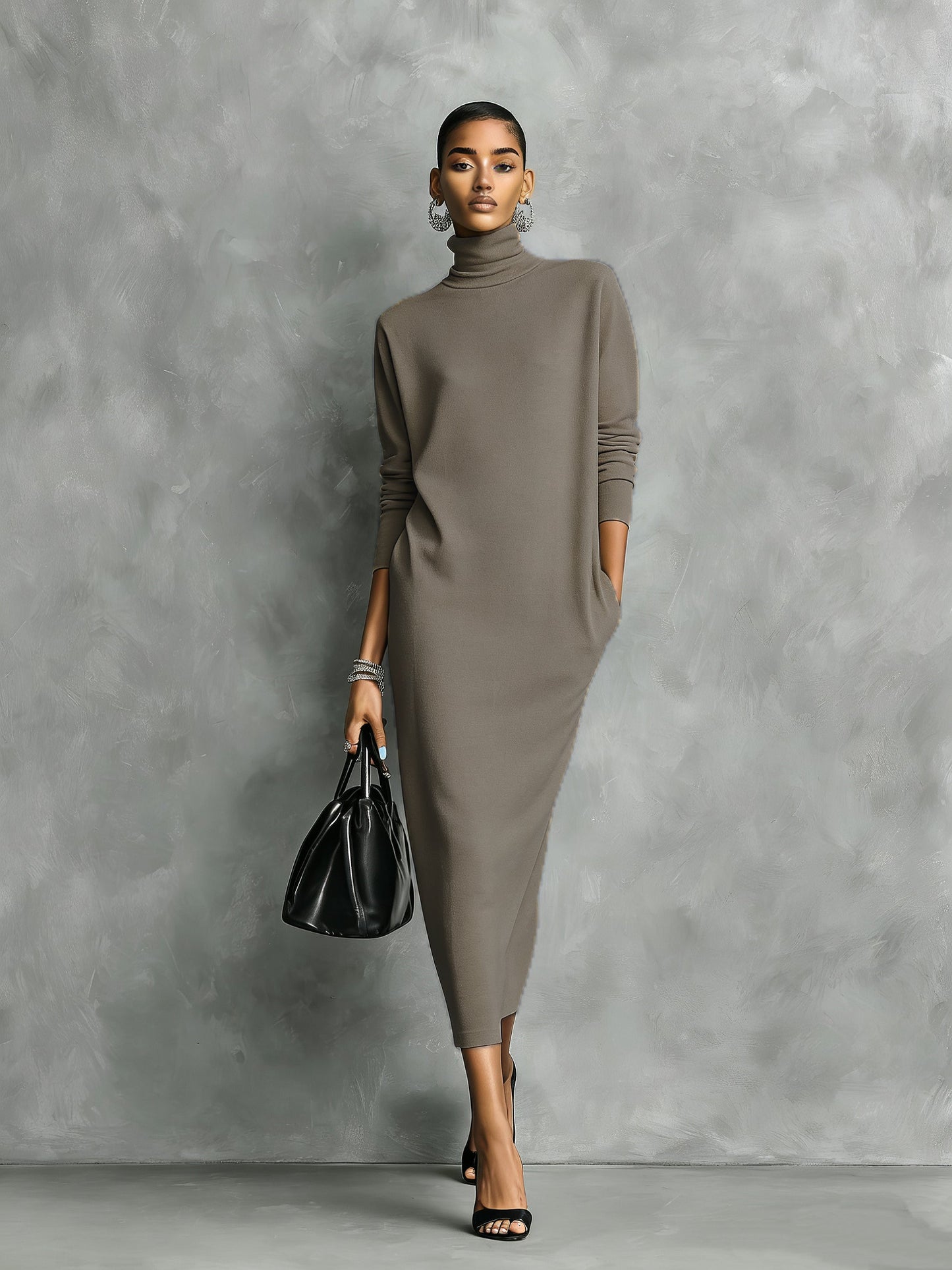 Knitted Turtleneck Loose Midi Dress