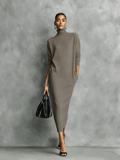 Knitted Turtleneck Loose Midi Dress
