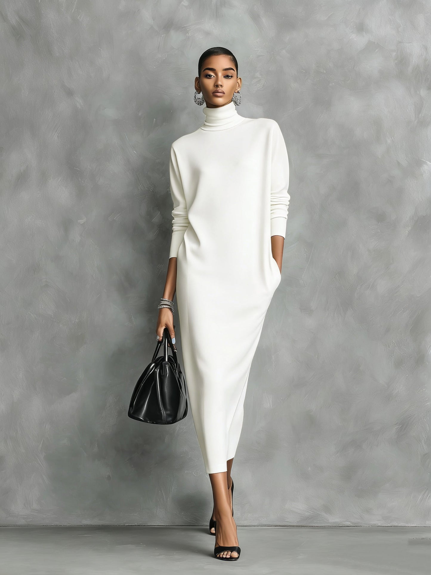 Knitted Turtleneck Loose Midi Dress