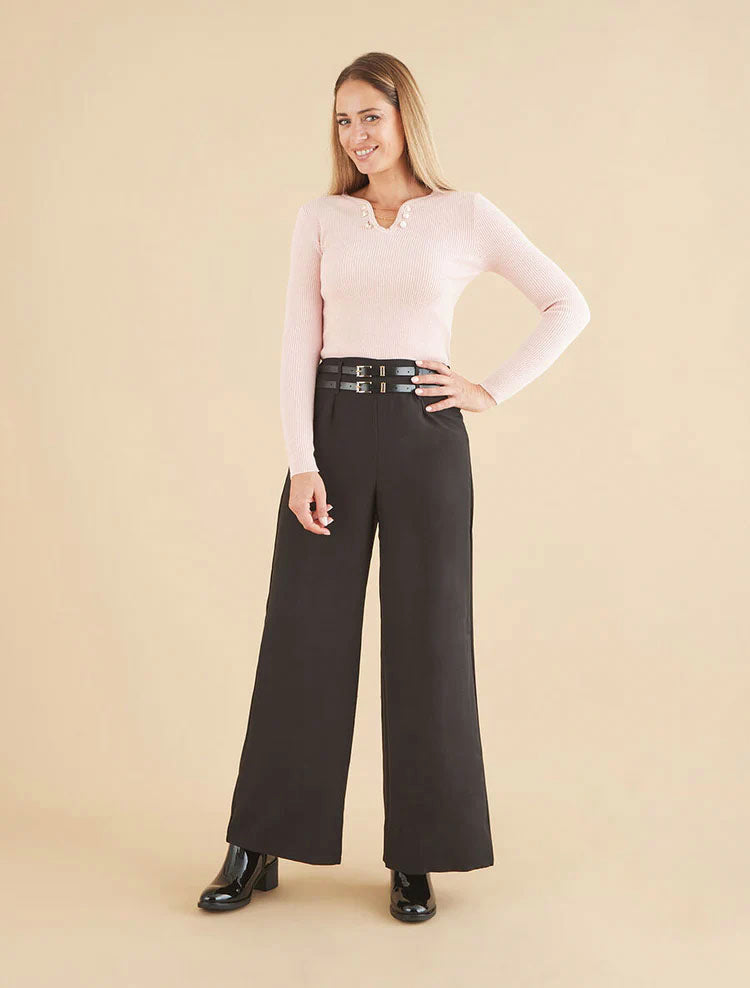 Wide leg broek met dubbele riemen - Zwart