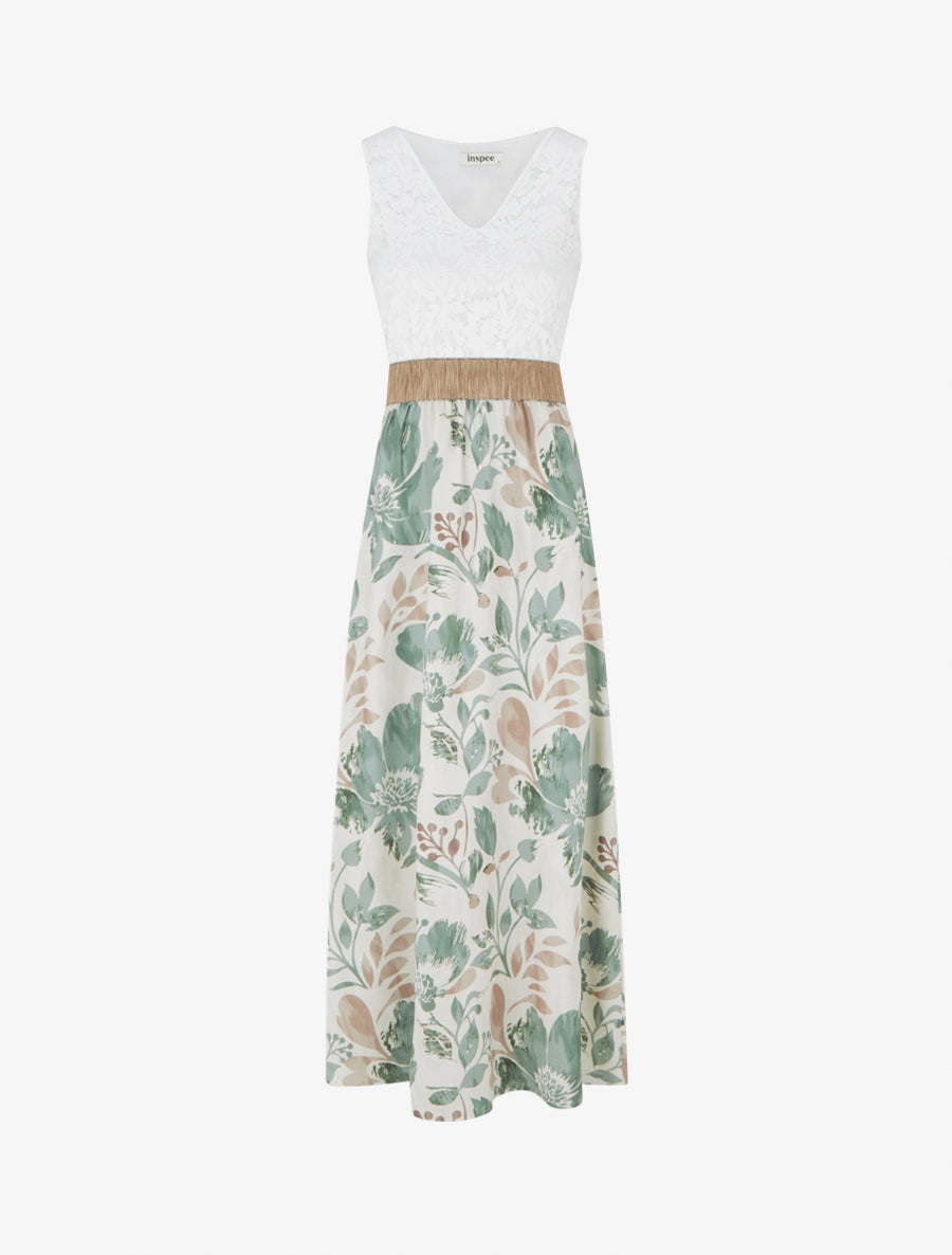 Lange jurk met kant en bloemenprint - Licht kaki