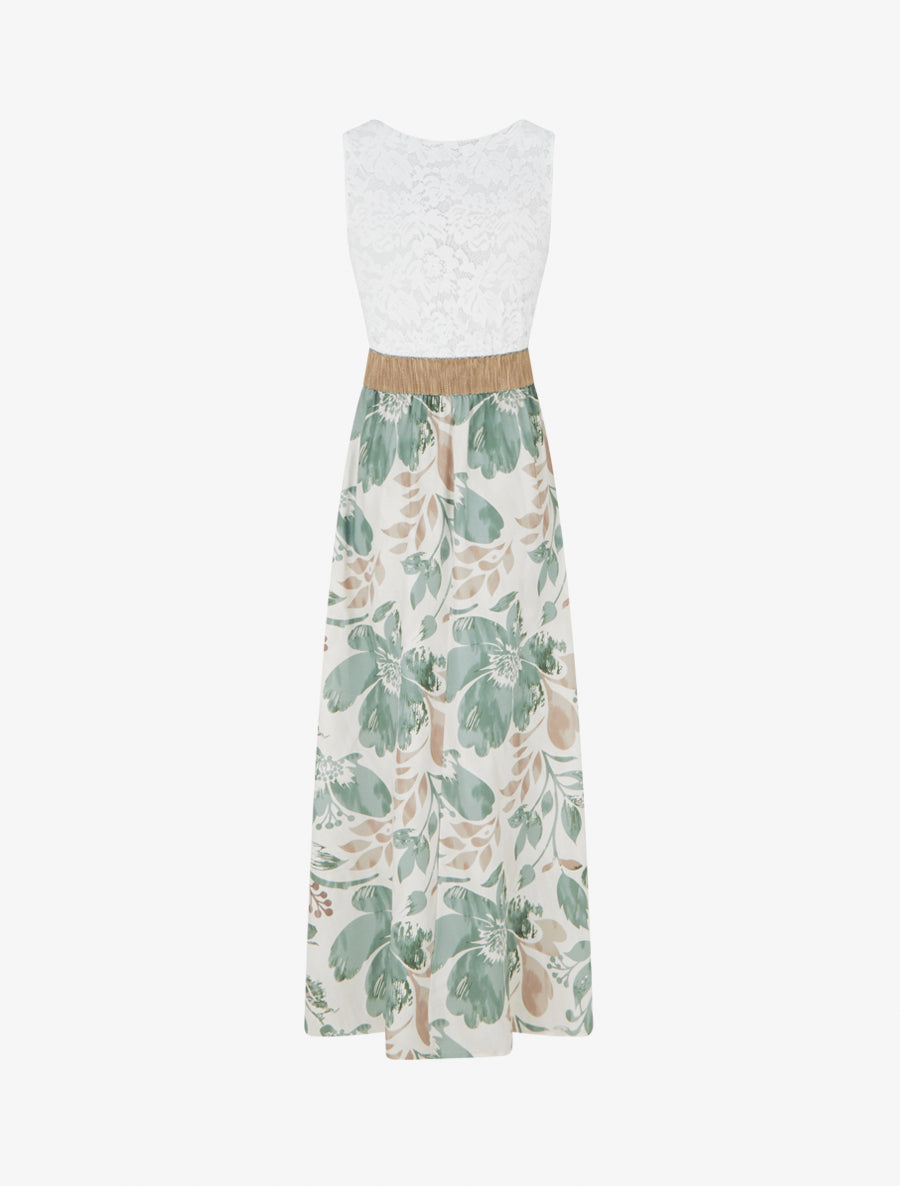 Lange jurk met kant en bloemenprint - Licht kaki