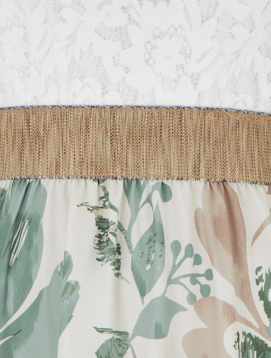 Lange jurk met kant en bloemenprint - Licht kaki