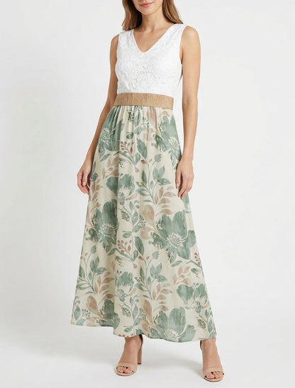 Lange jurk met kant en bloemenprint - Licht kaki