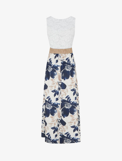 Lange jurk met kant en bloemenprint - Marine