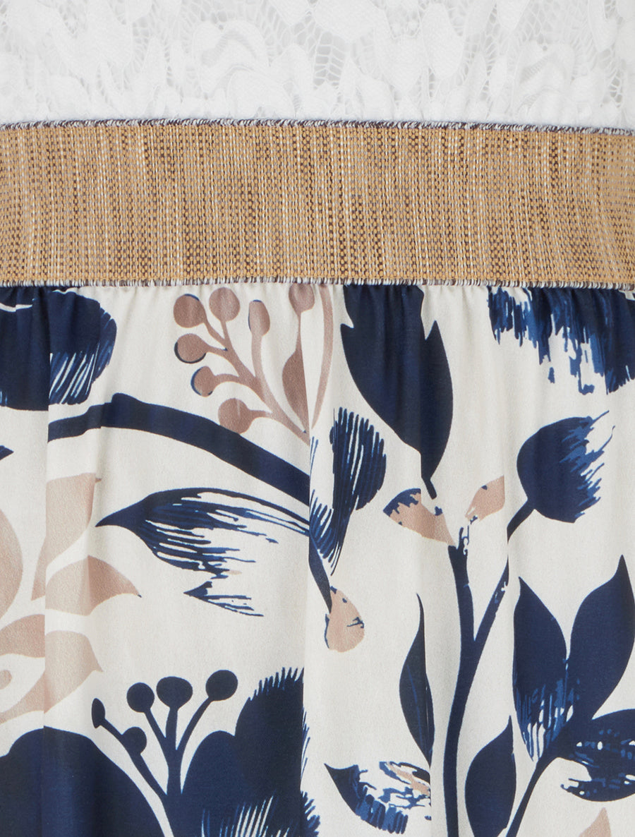Lange jurk met kant en bloemenprint - Marine