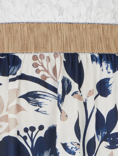 Lange jurk met kant en bloemenprint - Marine